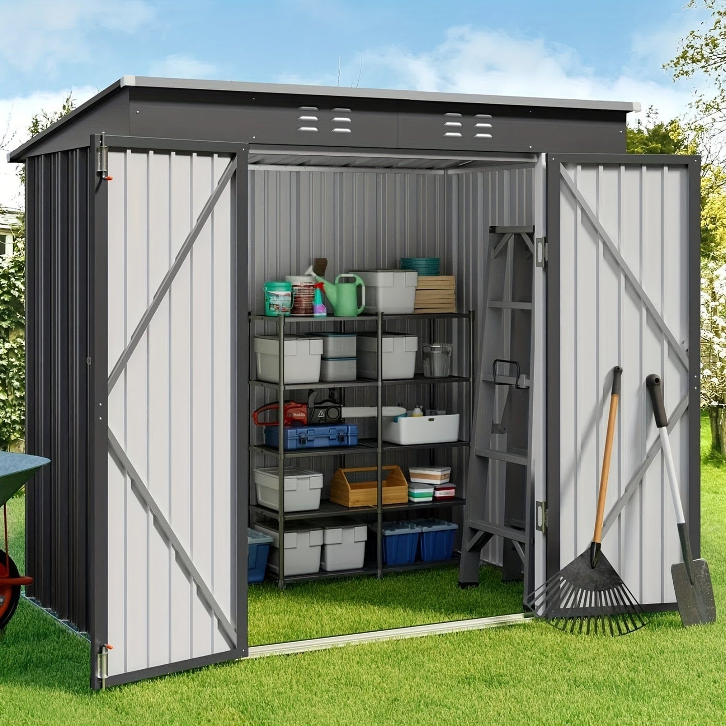 Metal Outdoor Storage Shed with Double or Single Doors in Grey, Green or Brown Checkout Models