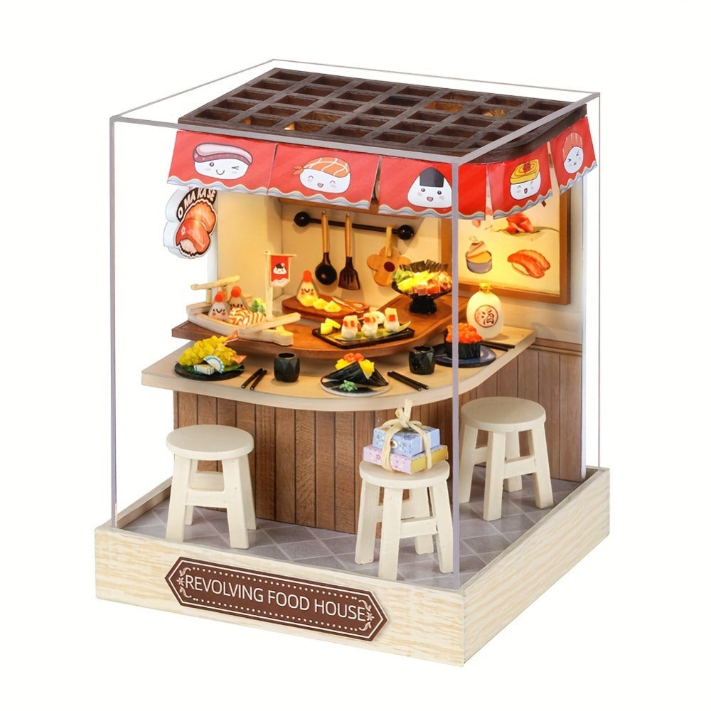 DIY Wooden Tiny House Kit with Dust Cover, Handmade Miniature Dollhouse Puzzle, 3 Themes Afternoon Tea Rotating Food House Moon Magic