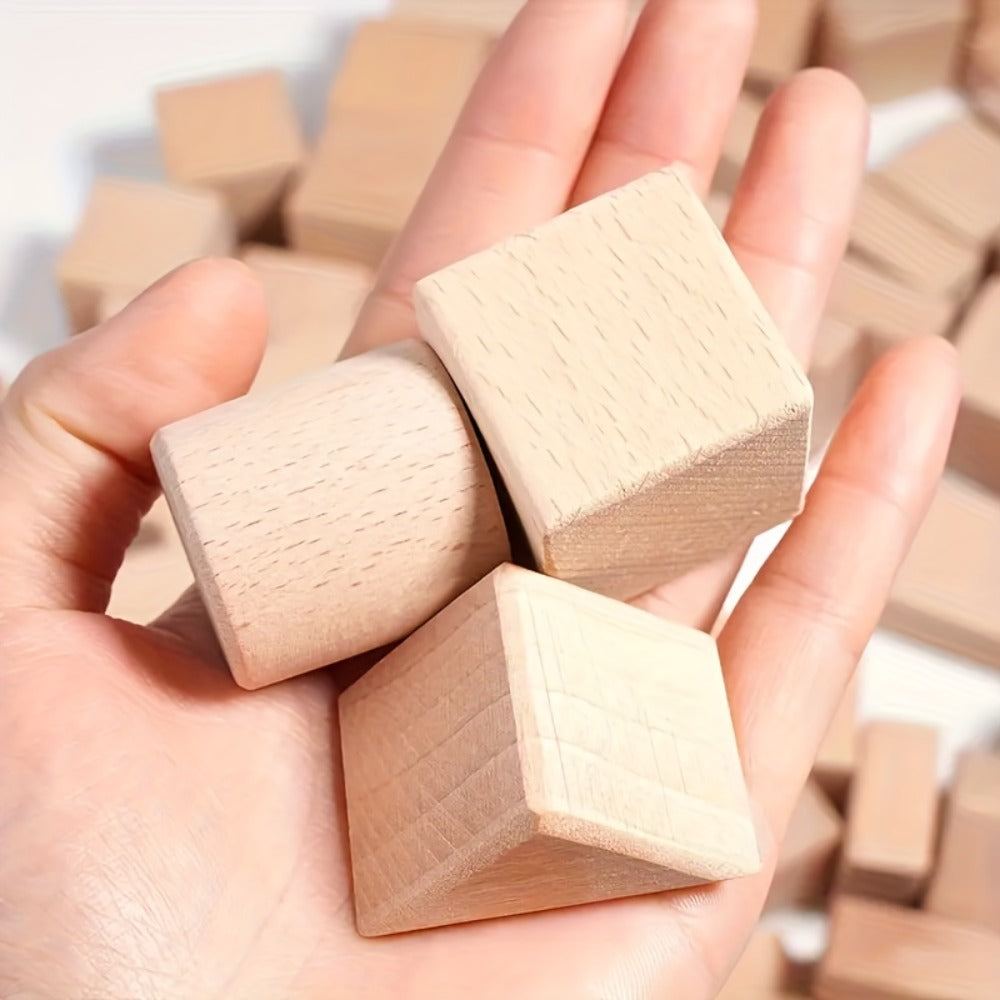 Natural Beech Wood Blocks 100 Piece Unpainted Solid Wooden Building Set, STEM Logical Thinking Toy for Kids Ages 3-12