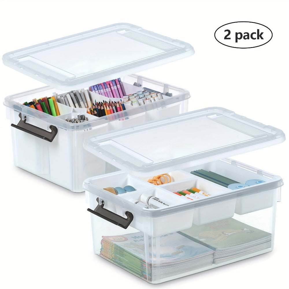 Two Clear Storage Boxes with Removable Divided Trays, Snap Lids, Black Carry Handles and Lower Compartments