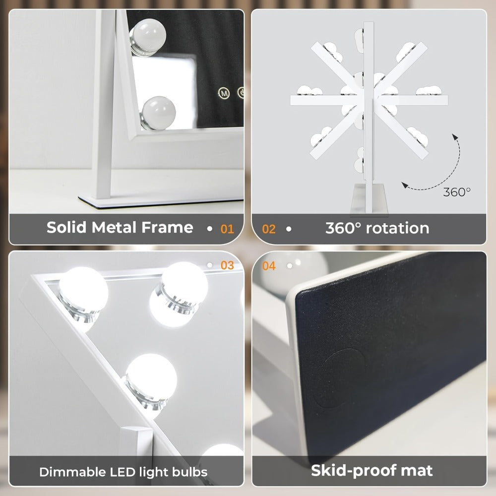 Makeup Mirror with Nine Bulb-Style LEDs, Three Light Colors, Touch Memory, 360° Rotation and Optional 5X Mirror