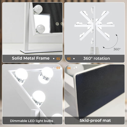 Makeup Mirror with Nine Bulb-Style LEDs, Three Light Colors, Touch Memory, 360° Rotation and Optional 5X Mirror
