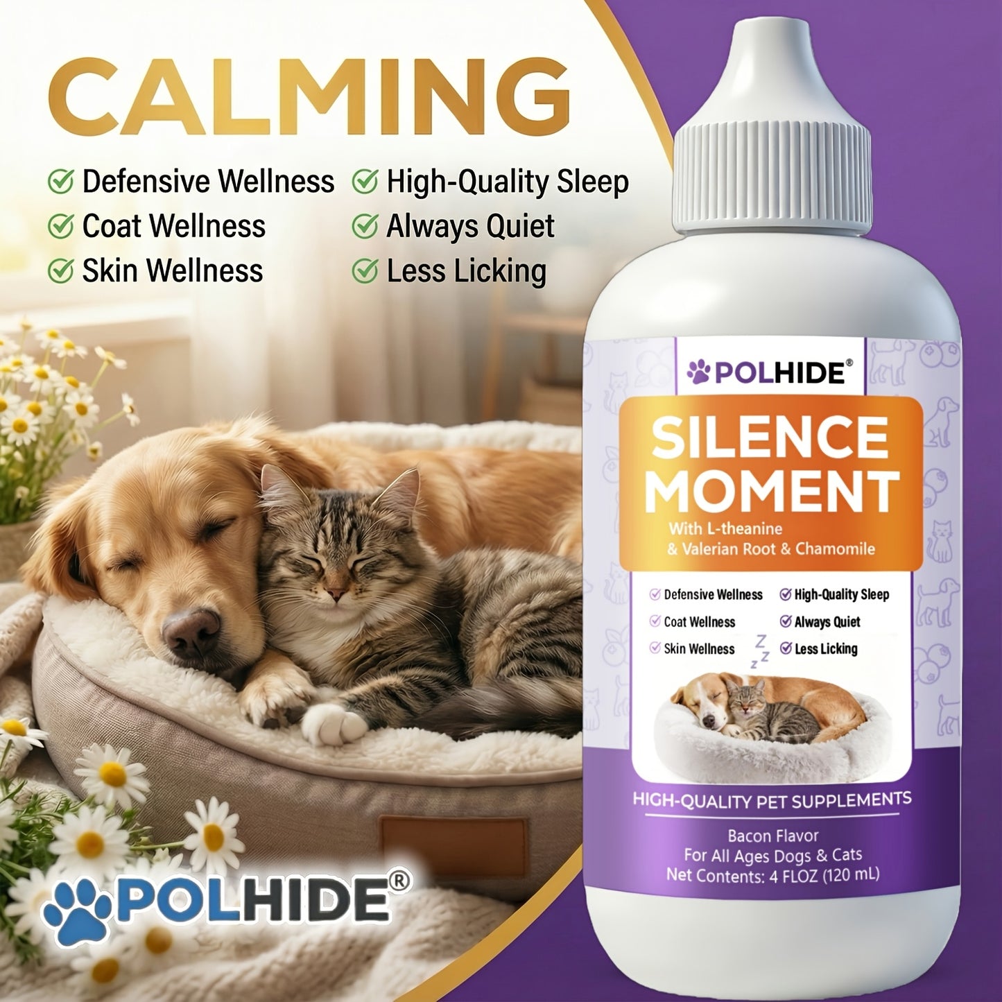 Pet Calming Liquid Supplement for Dogs & Cats 4oz – L-Theanine & Herbal Formula, Reduces Anxiety from Thunderstorms & Fireworks
