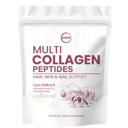 Multi-Collagen Powder Type I II III V X with Hyaluronic Acid, Biotin & Vitamin C - Hydrolyzed Protein for Skin