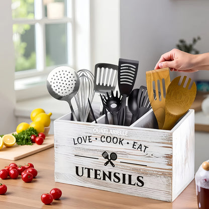 Wooden Cutlery Storage Box with Grid Compartments Chopstick Organizer Rack with Metal for Home Cooking, Dining and Outdoor Meals