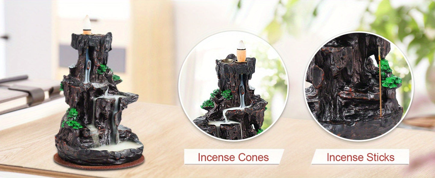 Backflow Incense Burner Waterfall Smoke Effect 2-Side Incense Holder with 120 Backflow Cones for Entryways, Bedrooms and Living Spaces