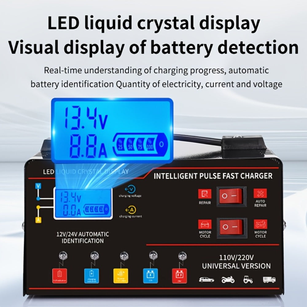 AF01 12 V and 24 V Battery Charger with LCD Display, Alligator Clamps, Carry Handle and Cooling Fan