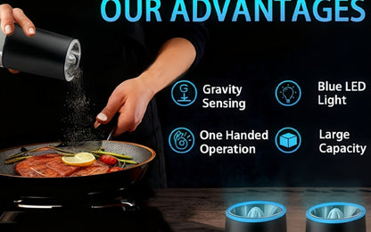 Electric Salt and Pepper Grinder Set 2PCS, Battery-Powered, LED Light, One-Handed Operation, Adjustable Coarseness
