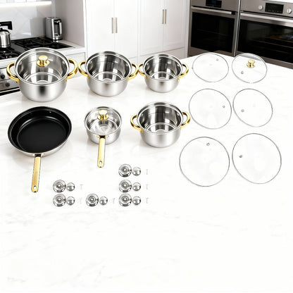 Stainless Steel Deep Pot Cookware Set 10 & 12 Piece with Lids & Dual Handles – Oven Safe Soup Hot Pot Pasta Seafood Stew Pots | Silver Pink