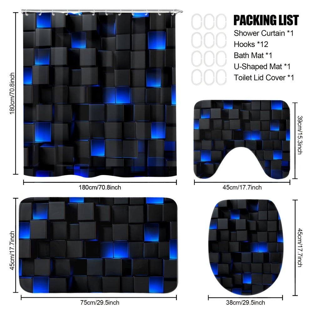 Shower Curtain Set with 12 Hooks & Toilet Seat Cover, 4-Piece Bathroom Set Dark Blue Geometric Abstract Cube Pattern