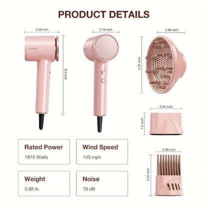 FZ201-Style 1875W Hair Dryer with Circular Rear Intake, Gray or White Finish and Three Pictured Attachments