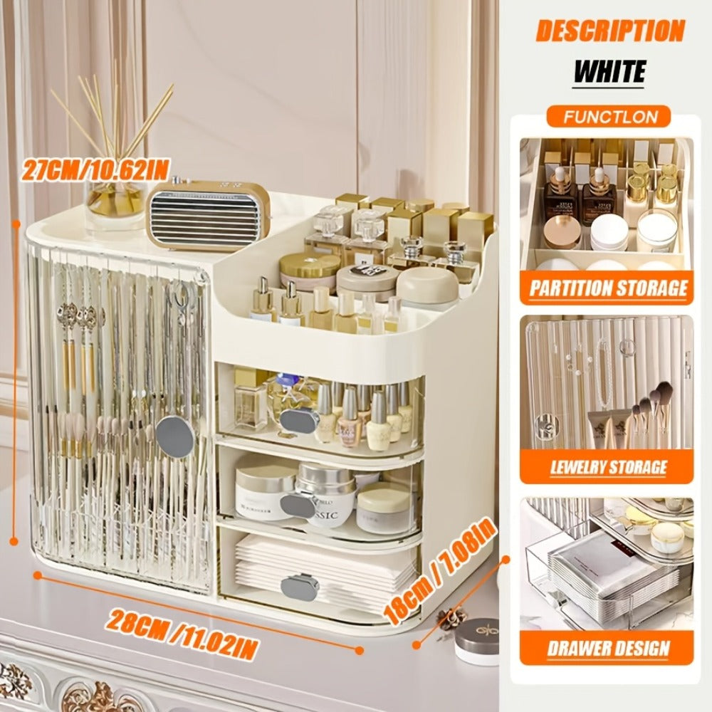 Makeup Organizer with 3 Drawers and Mirror – Large Capacity Cosmetic Storage Box Vanity Organizer for Skincare Contact Lens Display Case