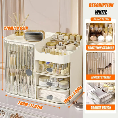 Makeup Organizer with 3 Drawers and Mirror – Large Capacity Cosmetic Storage Box Vanity Organizer for Skincare Contact Lens Display Case