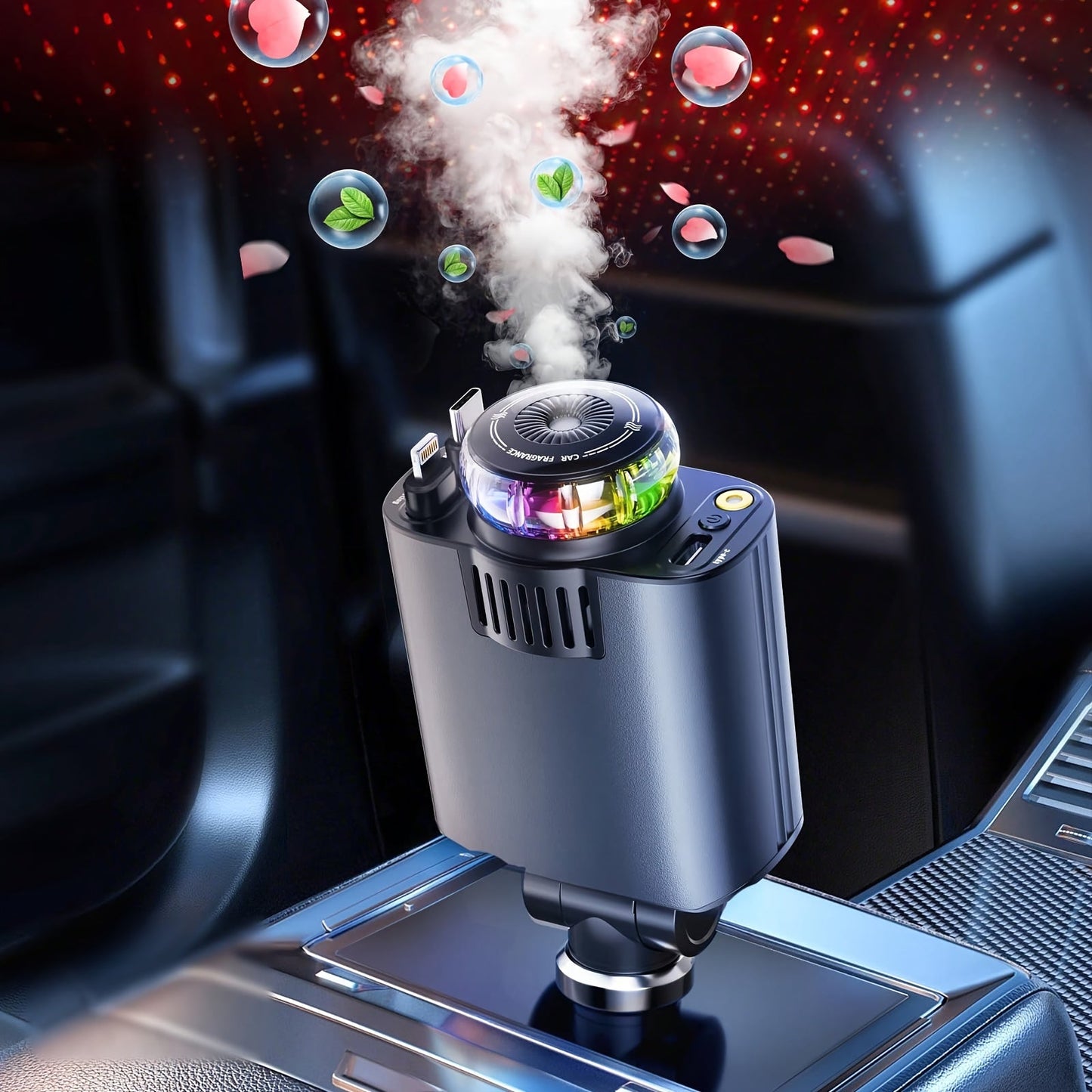 3-in-1 Car Charger Starlight Projector & Aroma Diffuser USB-C Port 2.6ft Retractable Cable Fast Charging Car Phone Charger with Blue Red