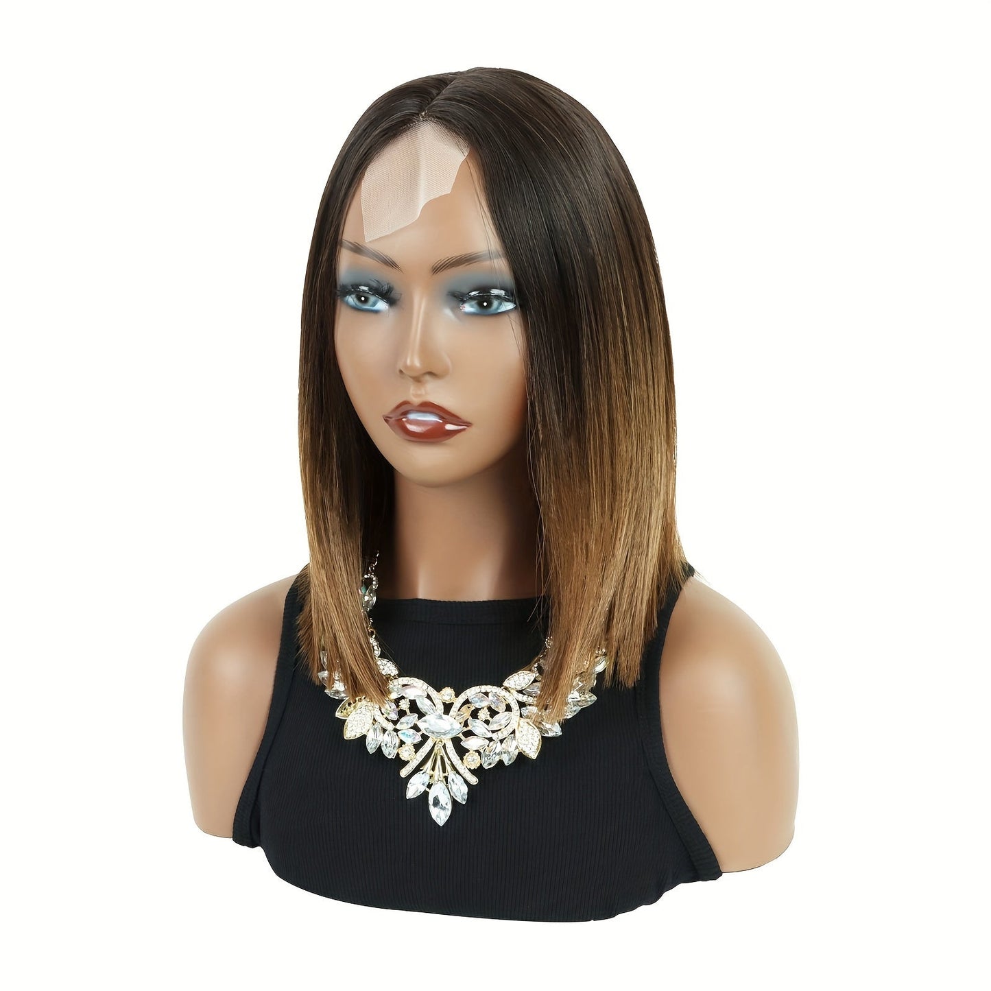 Synthetic Wig 13x2 U-Part Lace Front Straight Bob, 12-Inch Ombre Black-Brown for Daily Styling