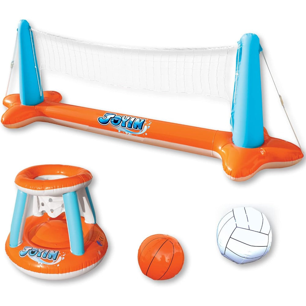 Inflatable Pool Game Set for Kids & Adults, Volleyball Net Court & Basketball Hoops with Balls