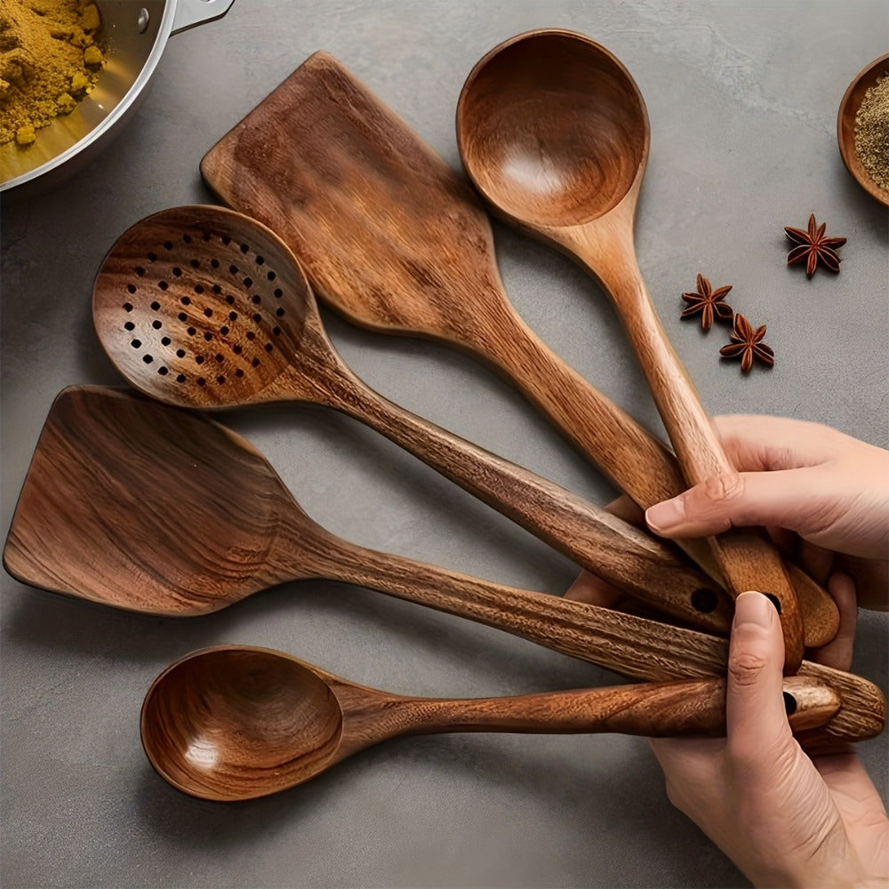 Kitchen Utensils by JIASING, 3-, 5- or 7-Piece Wood Spoon, Spatula, Ladle and Egg-Beater Set Options