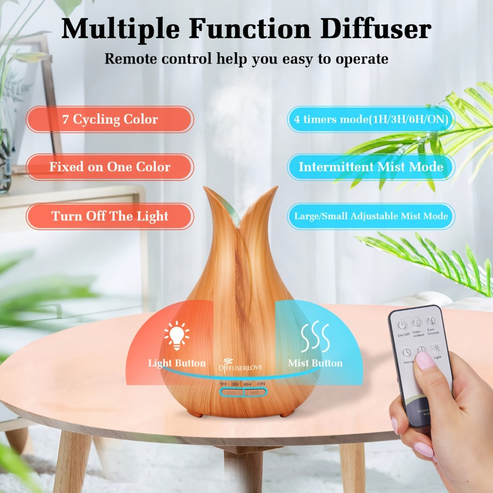 400ml Aroma Diffuser with Continuous or Intermittent Mist, Seven-Color Light, Three Timers, Remote and Eight Oils