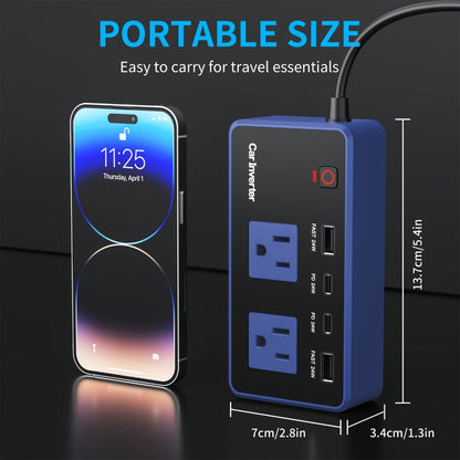 200W Car Power Inverter DC 12V to 110V AC Outlet + USB-C & USB-A 4.8A 24W, Car Plug Adapter Converter for Laptop Camping Travel Road Trip