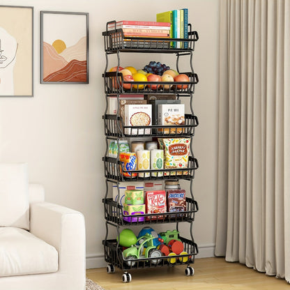 6-Tier Stackable Metal Wire Storage Basket Organizer with Wheels – Rolling Kitchen Pantry Rack for Fruits Vegetables Utensils