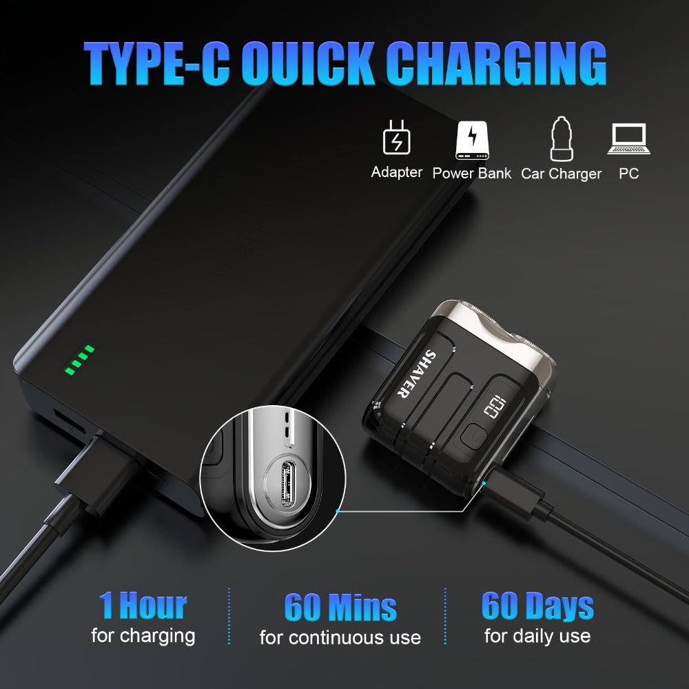Electric Shaver Mini Dual Floating Blade Razor with USB Rechargeable Power and Digital LED Display in Black