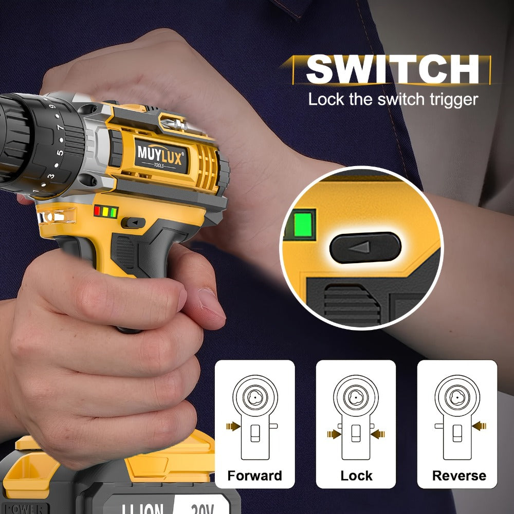 20V Cordless Drill Set Impact Power Drill 3/8 Inch Keyless Chuck 18+3 Clutch 45Nm Max Torque for Entryways, Bedrooms and Living Spaces