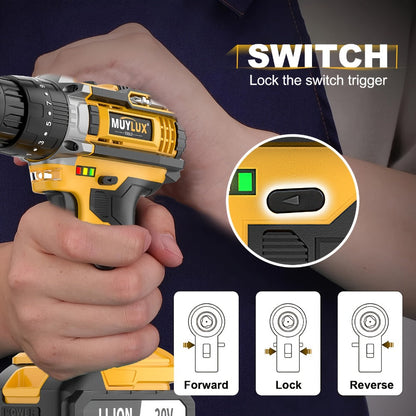 20V Cordless Drill Set Impact Power Drill 3/8 Inch Keyless Chuck 18+3 Clutch 45Nm Max Torque for Entryways, Bedrooms and Living Spaces