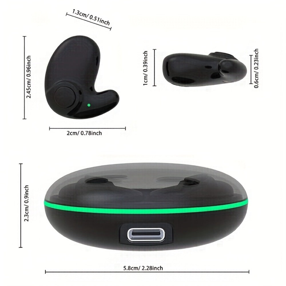 Low-Profile Round-Case Mini Sleep Earbuds with Digital Battery Display in Black, Khaki or White