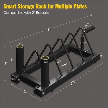 Barbell & Weight Plate Storage Rack with Wheels & Handle – 300 lb Capacity, 2 Barbell Holders, 4 Plate Slots