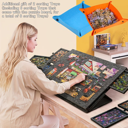 Felt Jigsaw Puzzle Board with 6 Storage Drawers, Portable Puzzle Table Adjustable Tilt Stand, 2-in-1 Cover
