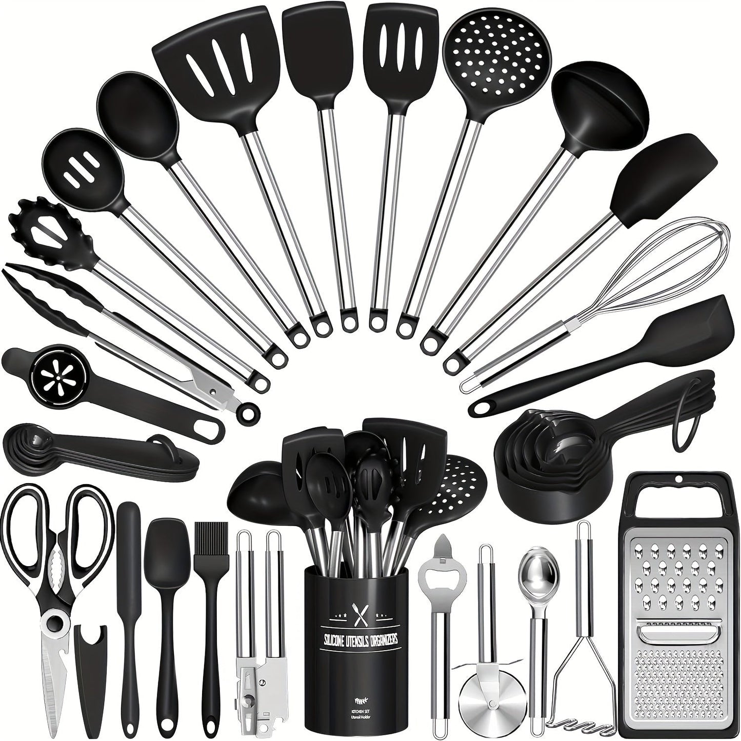 Kitchen Utensils 34-Piece Silicone and Stainless Steel Handle Set with Holder in Four Colors