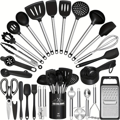 Kitchen Utensils 34-Piece Silicone and Stainless Steel Handle Set with Holder in Four Colors