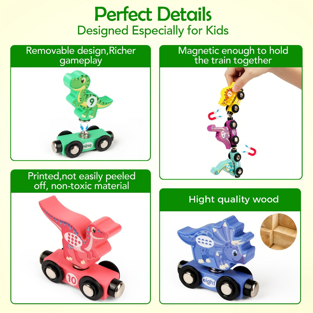 Magnetic Dinosaur Number Train Set for Kids Ages 3-5, 11PCS Wooden Magnetic Train Toy with Engine & Numbered Cars