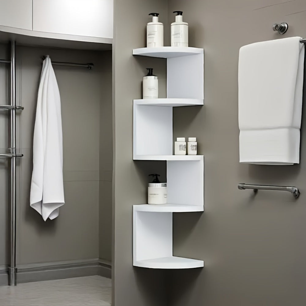 5-Tier Wall-Mounted Corner Shelf – Space-Saving Floating Storage Organizer in White Acrylic for Bathroom, Living Room, Bedroom