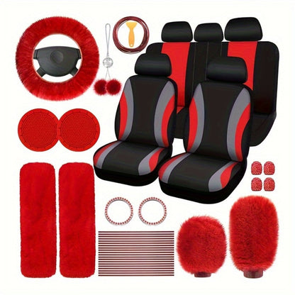 Car Interior Accessories Set for Women 45-Piece – Plush Steering Wheel Cover, Seat Cushion & Pendant, Universal Fit All Seasons