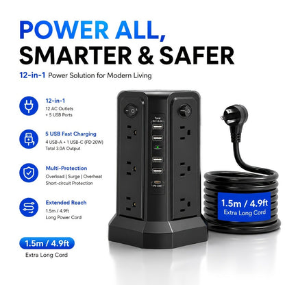Power Strips with Surge Protection, Tower with 12–16 AC Outlets, 4 USB-A, PD 20W USB-C and 1500J Surge Protection for Home Office Charging