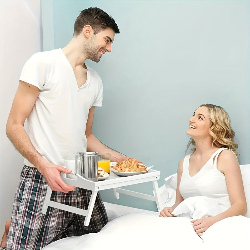Bamboo Breakfast Tray with Folding Legs & Handles 2 Pack, Extra Wide Foldable Bed Tray Table for Eating