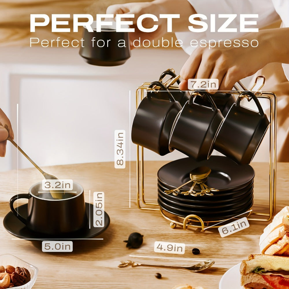 Espresso Cups Set of 6 with Saucers, Spoons & Metal Stands - 4oz Ceramic Cappuccino Coffee Cup Set