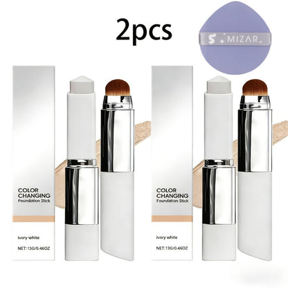Skin Tone Adapting Color-Changing Foundation Stick 2-Piece with Built-In Brush & Puff – Lightweight Matte Finish Sheer to Buildable Coverage
