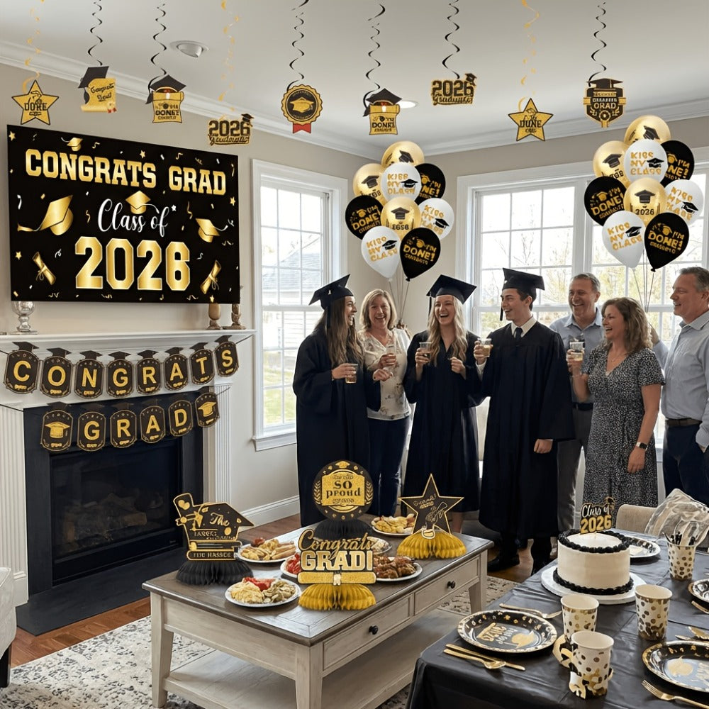 Class of 2026 Graduation Decoration Set with Letter Banner, Hanging Pieces and Six Color Options