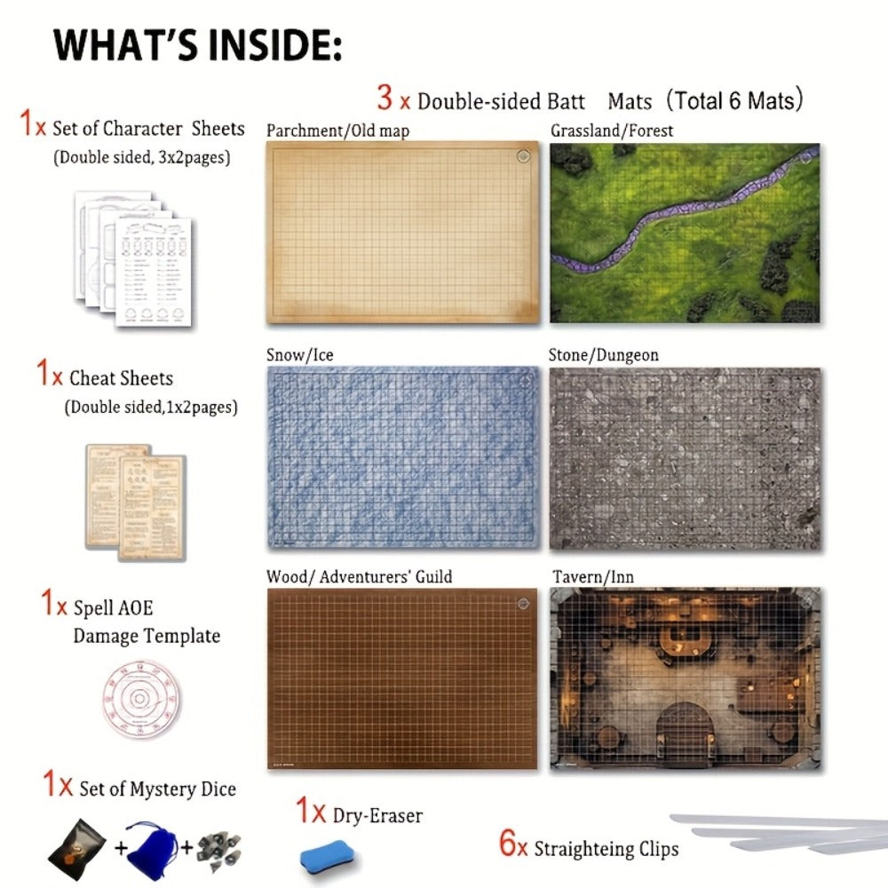 DnD Beginner Set 6 Double-Sided Terrain Maps 24x36 with Mystery Dice, Character Sheets, Cheat Sheets, Spell AOE Template