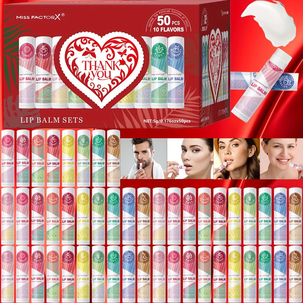 Fruit Flavored Lip Gloss Set 50 Pieces – Moisturizing Lip Balm Kit in 10 Colors, Hydrating Lip Care for Dry & Cracked Lips, Day & Night Use