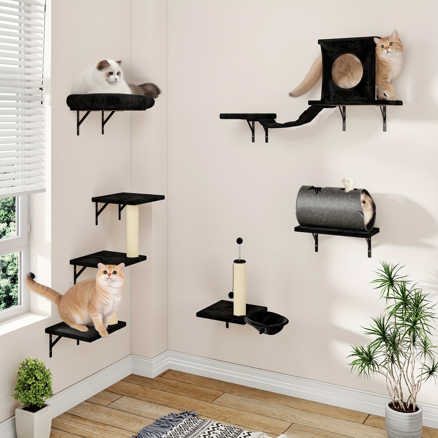 Cat Wall Shelf Climbing Set – 7-Piece Deluxe Wall Mounted Cat Furniture with Condo, Scratching Post, Bridge