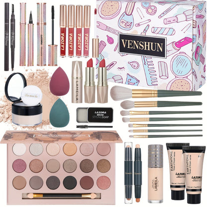 Full Face Makeup Gift Set for Women, Foundation, 18-Color Eyeshadow Palette, Coral Lipstick & Eyebrow Pencil