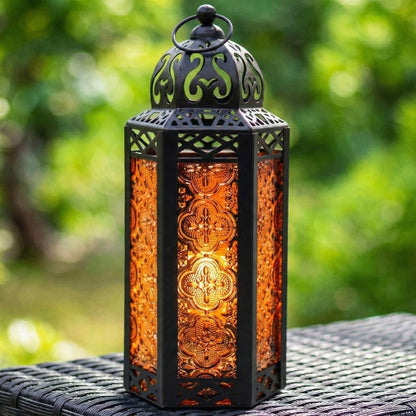 Moroccan Candle Lantern Holder - Decorative Metal & Glass Lantern with Embossed Floral Design for Indoor Home Decor