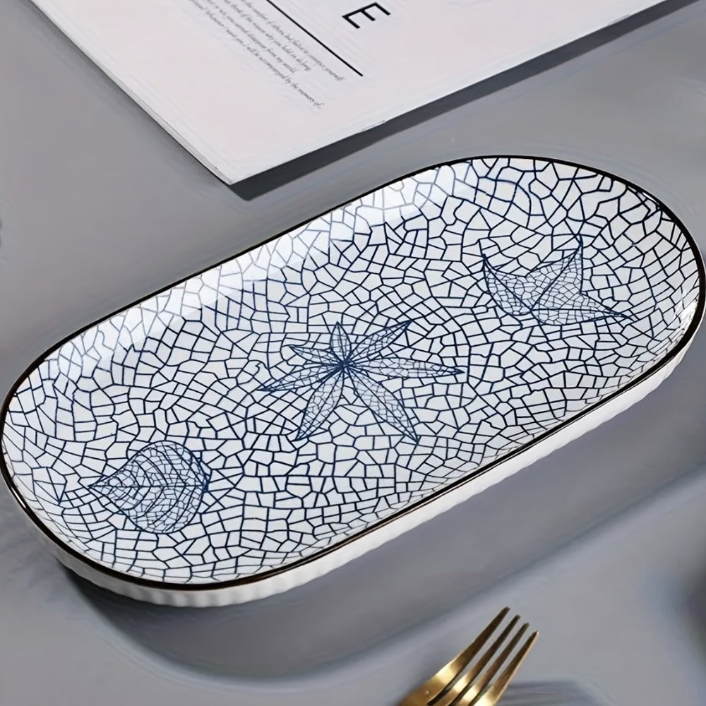 Japanese Blue White Porcelain Fish Plates Set of 4 – 12 Inch Ceramic Serving Plates, Microwave & Oven Safe Steaming Baking Tableware
