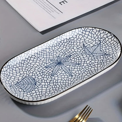 Japanese Blue White Porcelain Fish Plates Set of 4 – 12 Inch Ceramic Serving Plates, Microwave & Oven Safe Steaming Baking Tableware