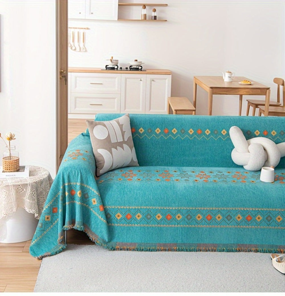 Sofa Cover Bohemian Embroidered Chenille Knit Throw with No Padding in Four Sizes and Five Colors