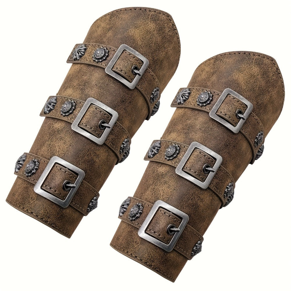 Viking Medieval Leather Arm Guards Bracers – PU Leather Knight Gauntlets Adjustable Metal Buckles Rivets for Men Women Halloween Cosplay