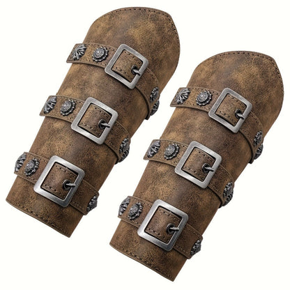Viking Medieval Leather Arm Guards Bracers – PU Leather Knight Gauntlets Adjustable Metal Buckles Rivets for Men Women Halloween Cosplay
